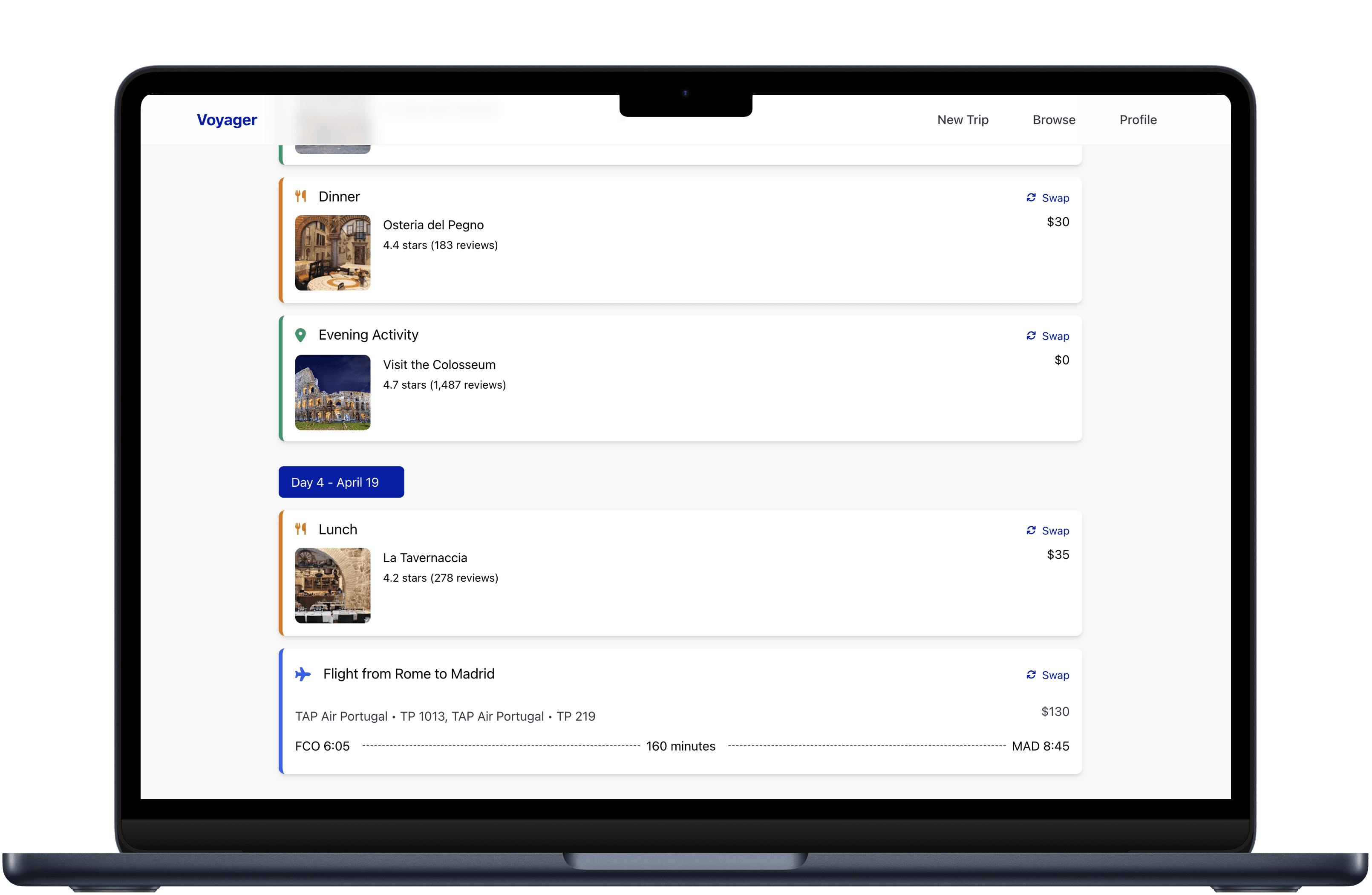 Itinerary planner interface